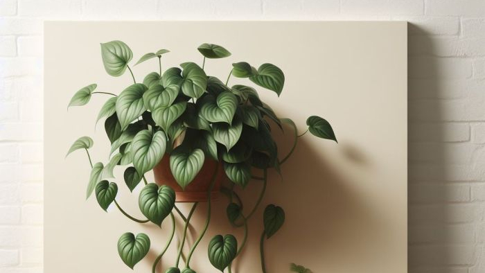 Pothos vein in a brown clay pot hanging on a wall