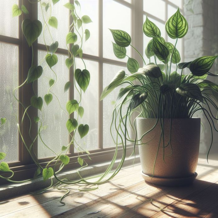 Pothos plant in white pot is near a glass window