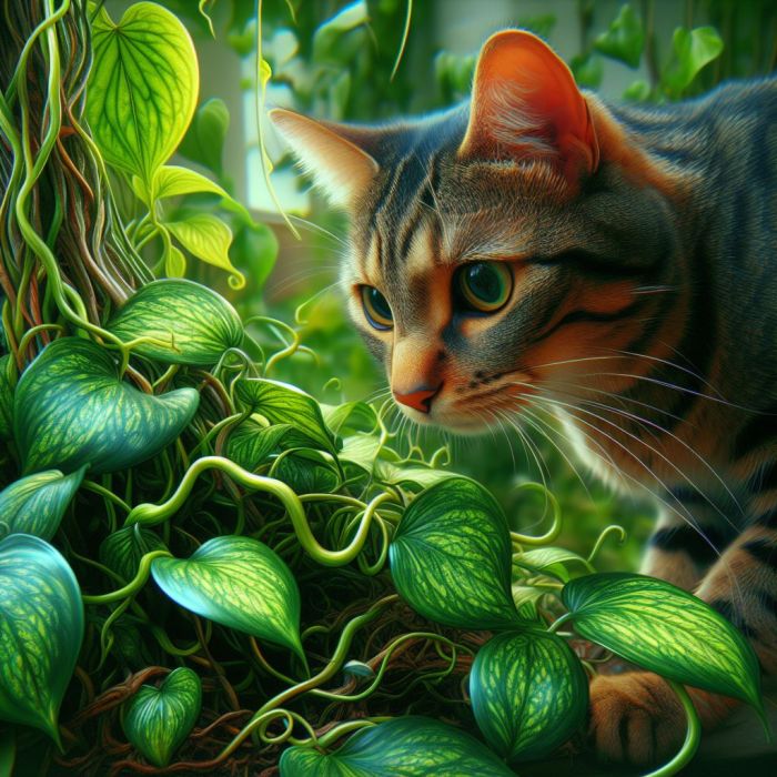 A cat is near the Pothos plant
