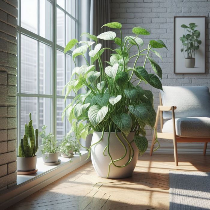 Pothos plant is in a white pot near a glass window