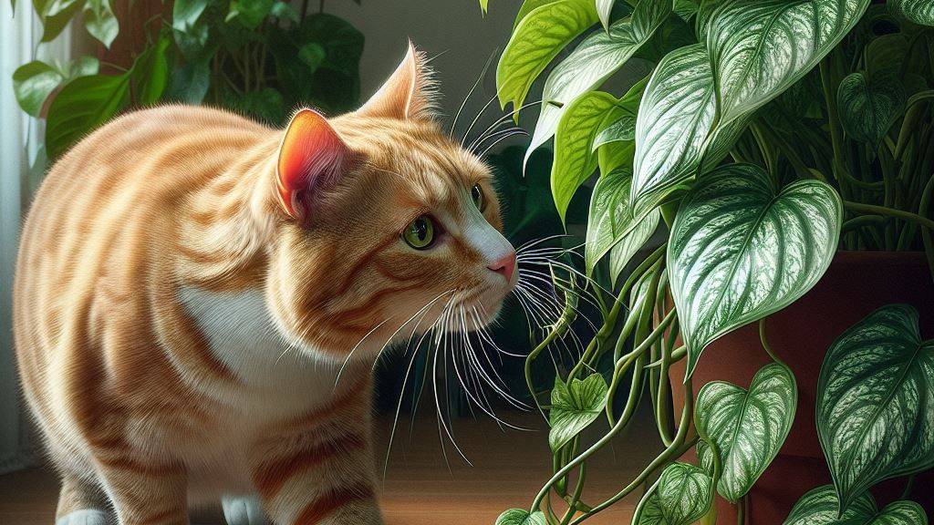 A cat is standing near Pothos plant