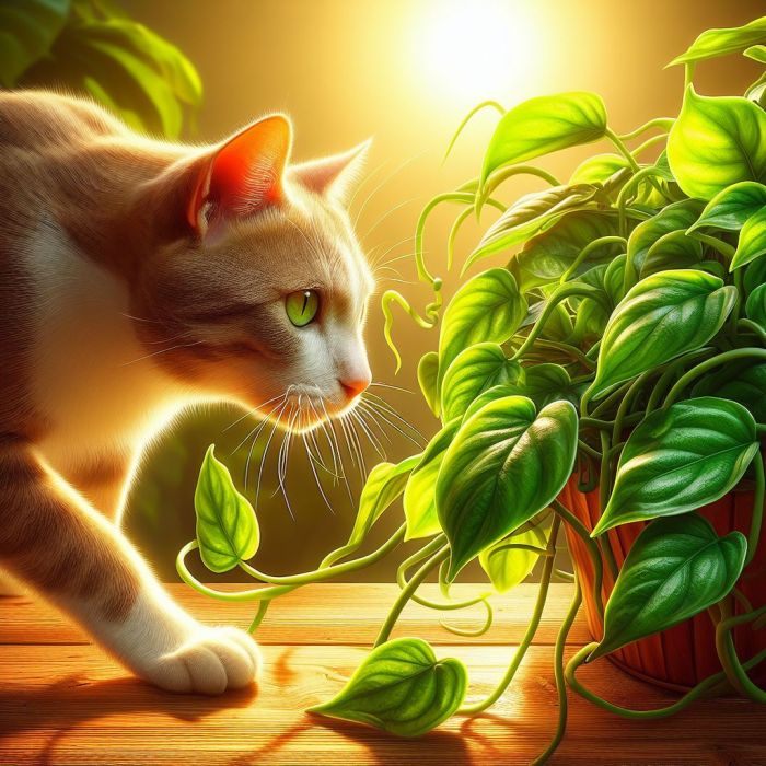 Cat is seeing a Pothos plant