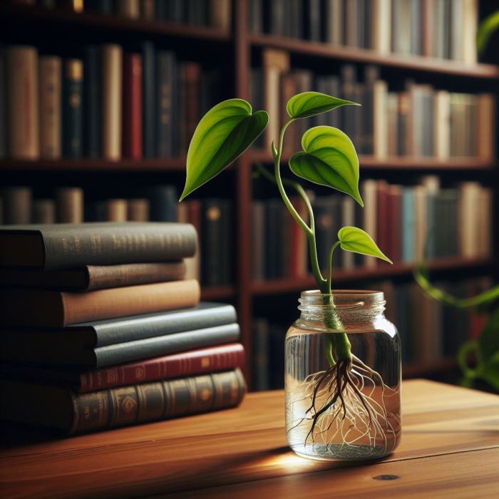 Pothos stem in a glass jar on a wooden table near a book shelf