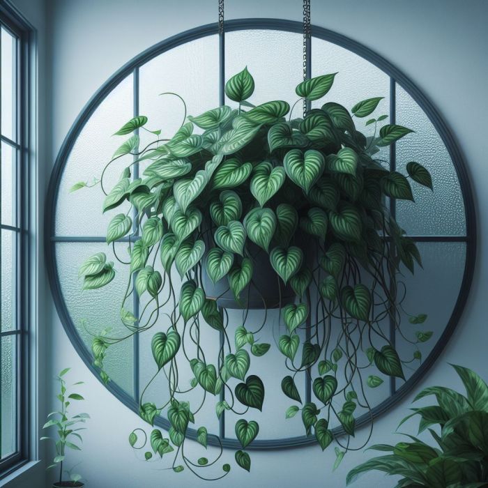 POthos vien is hanging on a wall near a glass window