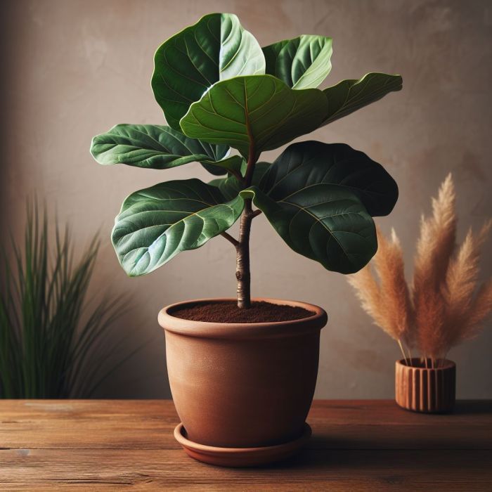 Fiddle Leaf Fig is in a clay pot near a wall