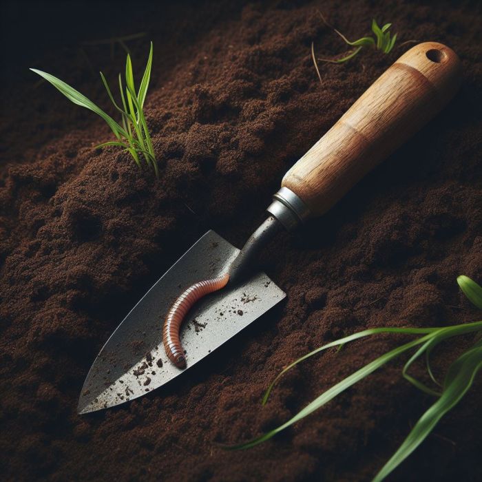 A hand trowel is on the soil