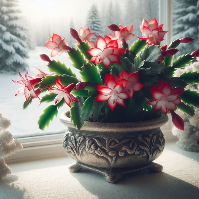 Christmas cactus in a pot near a glass window