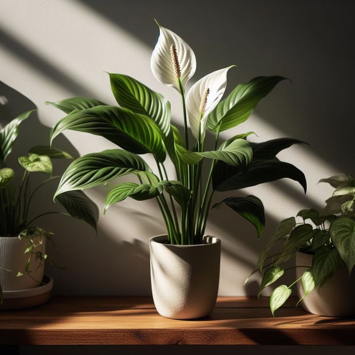 Peace lily plant is indirect sunlight on a table