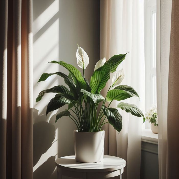 Peace lily plant in a white pot 