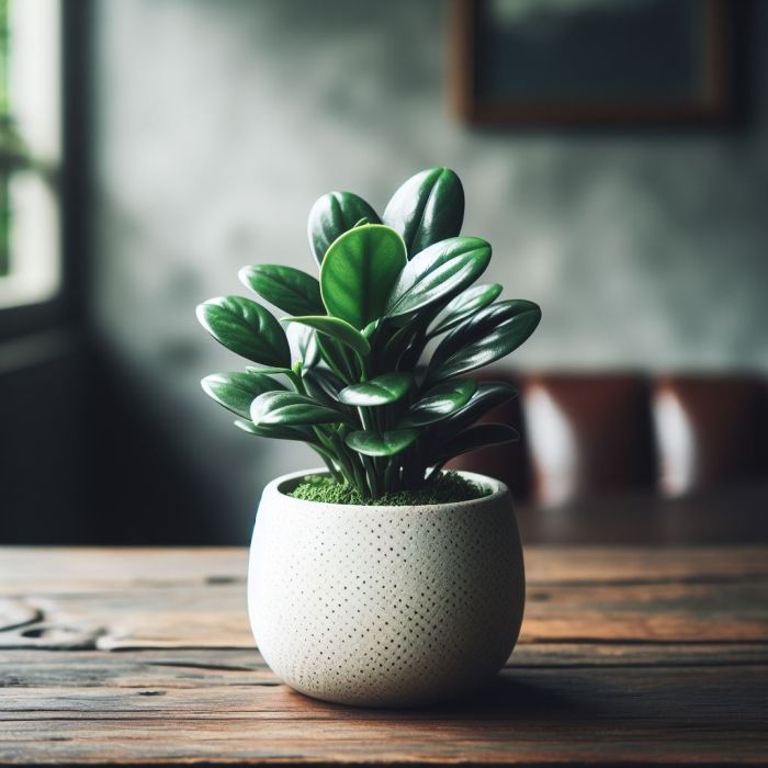 Small ZZ plant in a pot on a wooden surface