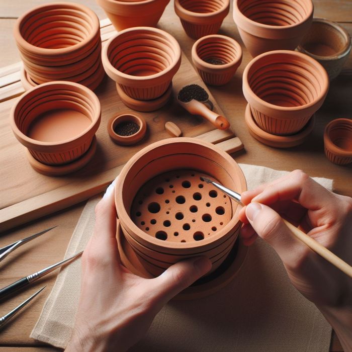 Person holding an empty clay pot and brush near many of empty clay pots