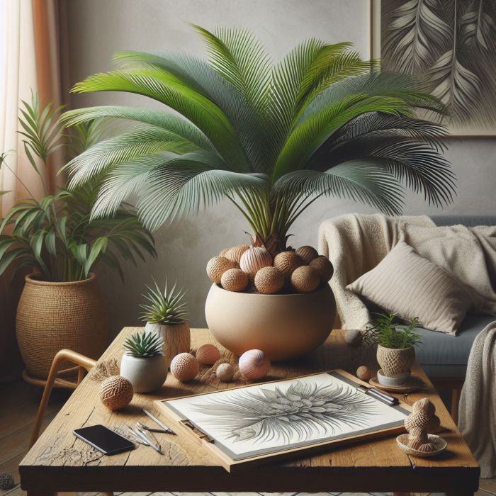 Areca Palm is in a pot on a wooden table