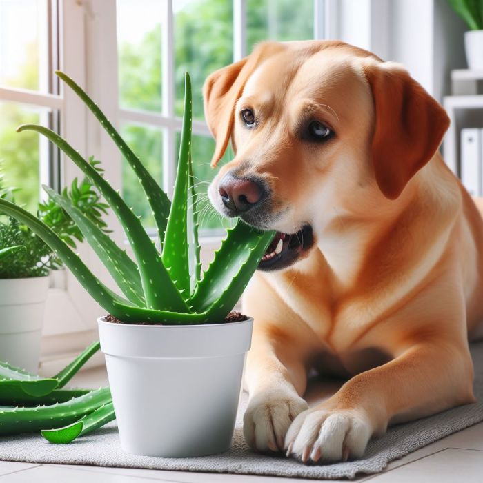 A dog biting an aloe vera leaf