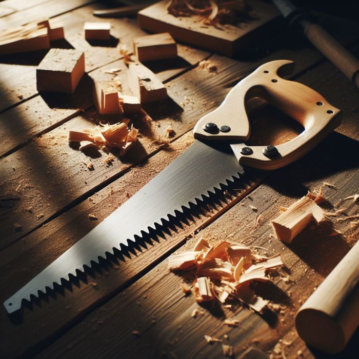 Purning saw is on a wooden surface