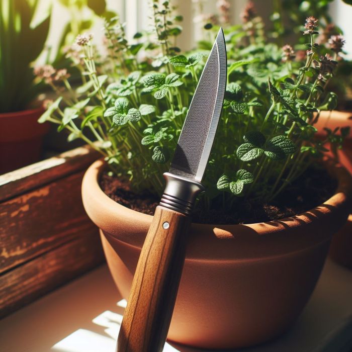 A sharp gardening knife with a wooden handle along a clay pot