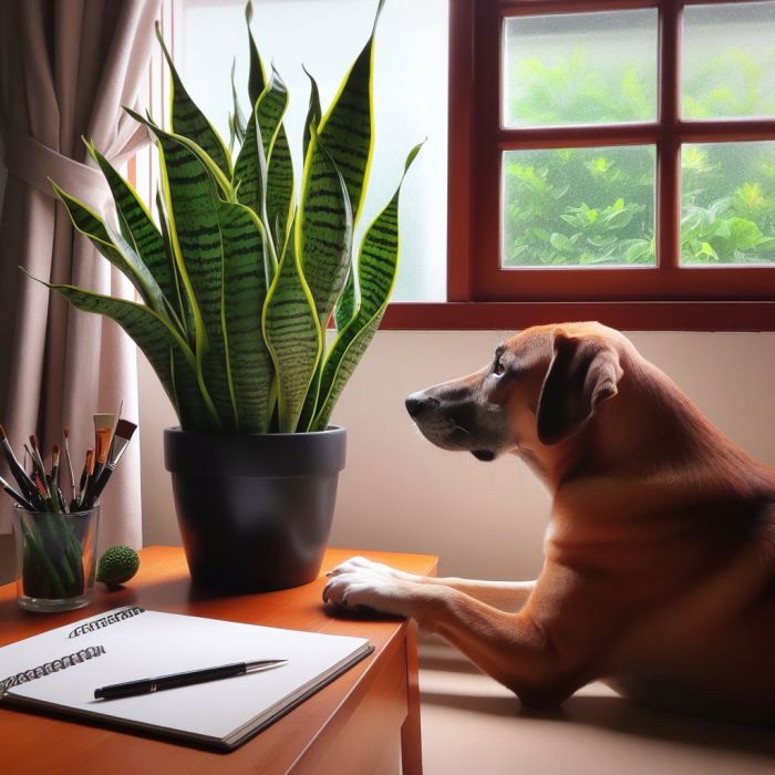 A dog is sitting near a snake plant