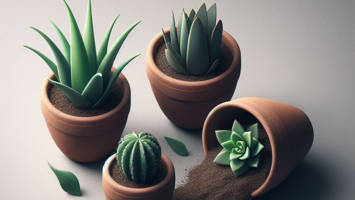 Cactus and succulent plants in clay pots