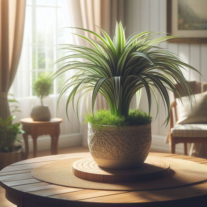 Spider plant on a wooden table in a room