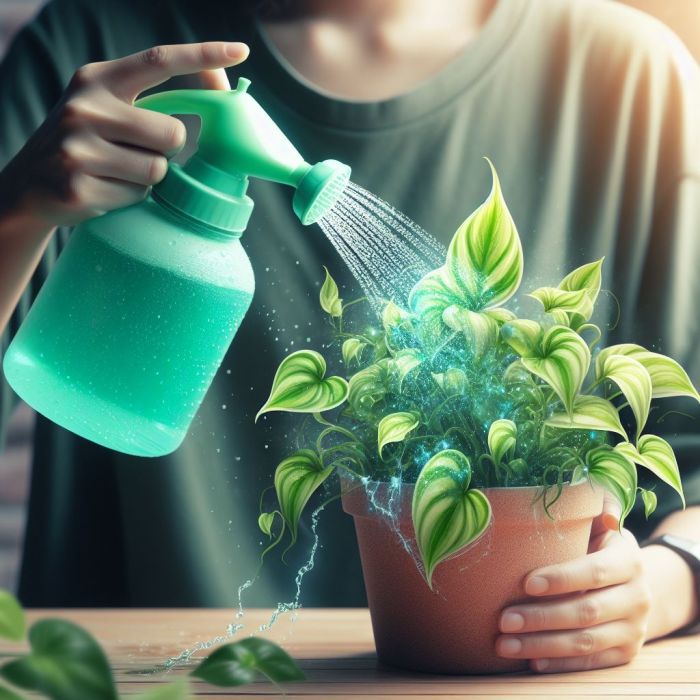 A person watering the Pothos plant