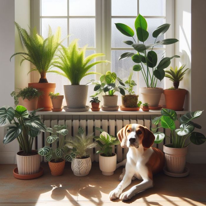 A dog is sitting near houseplants 