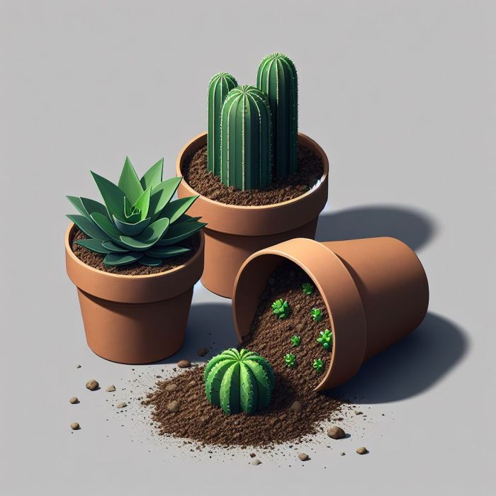 Succulent and cactus are in brown clay pots