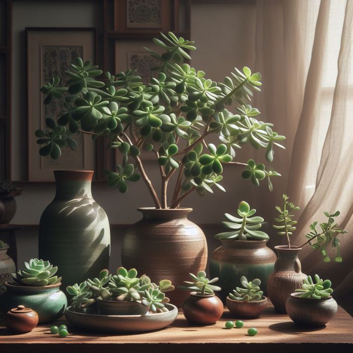 Jade plants in brown pots near a window