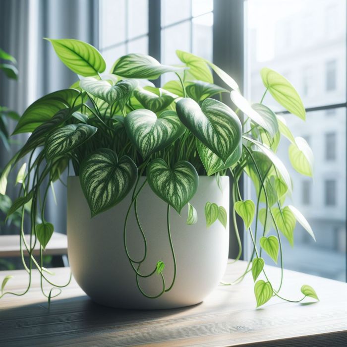 Pothos plant in a white pot near a glass window