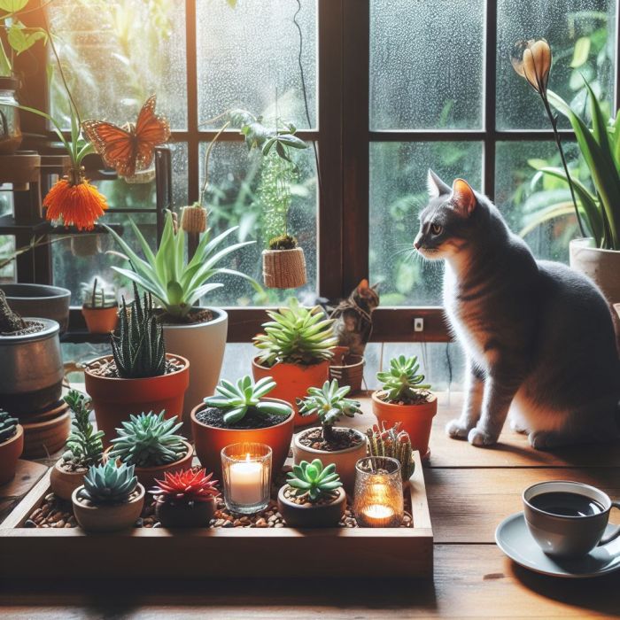 A cat is standing near indoor plants