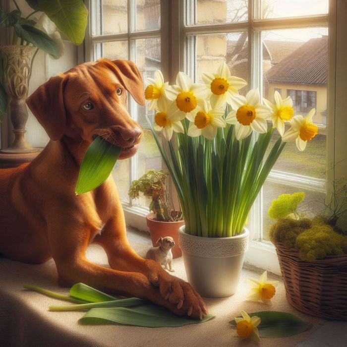 A dog is biting  Daffodils leaf
