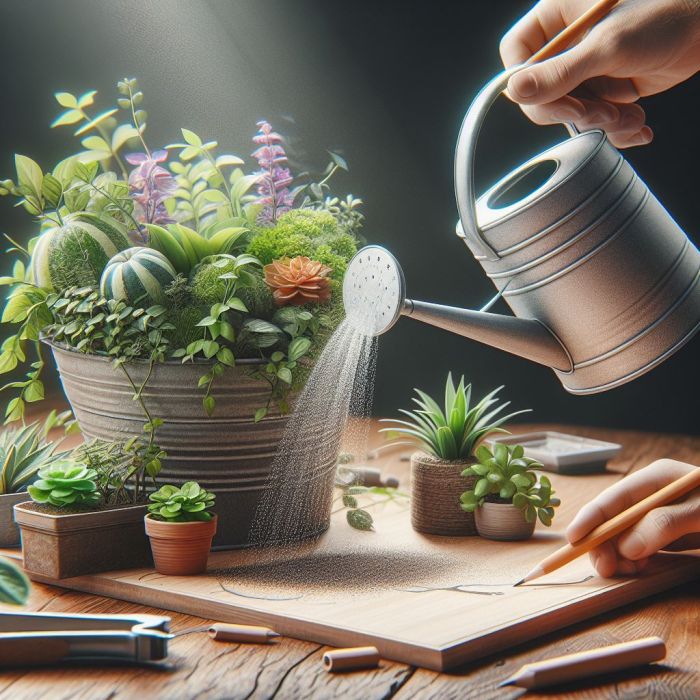 A person watering plants with watering can