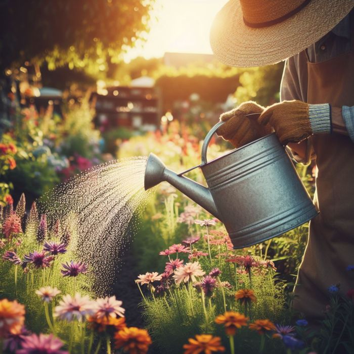 A gardener is watering gthe plants with water cane