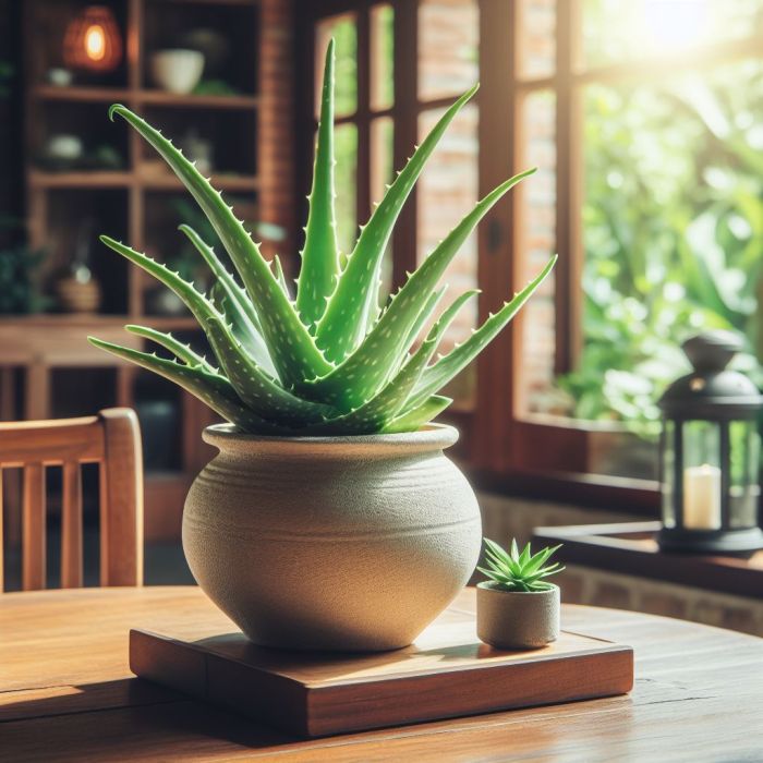 Aloe vera plant on a wooden table in a room