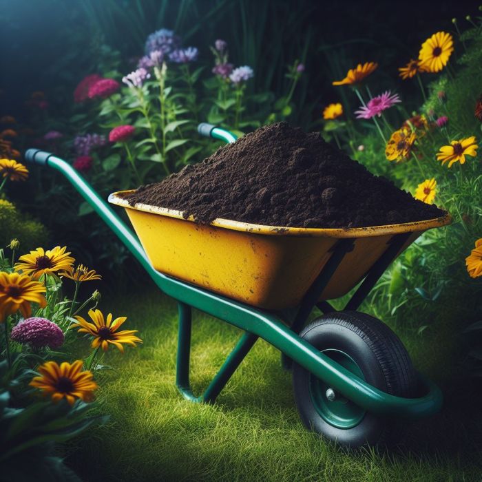 A yellow wheelbarrow is filled with soil