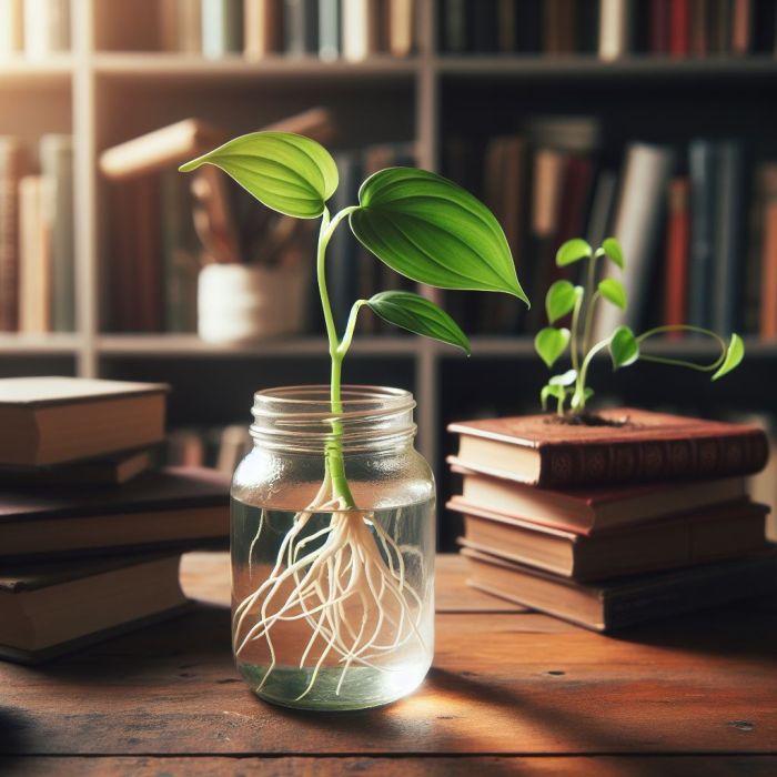 Golden pothos stem in a glass jar on a table near book shelf