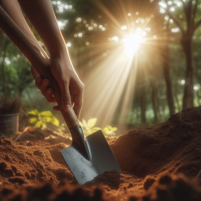 Person holding shovel on a soil surface