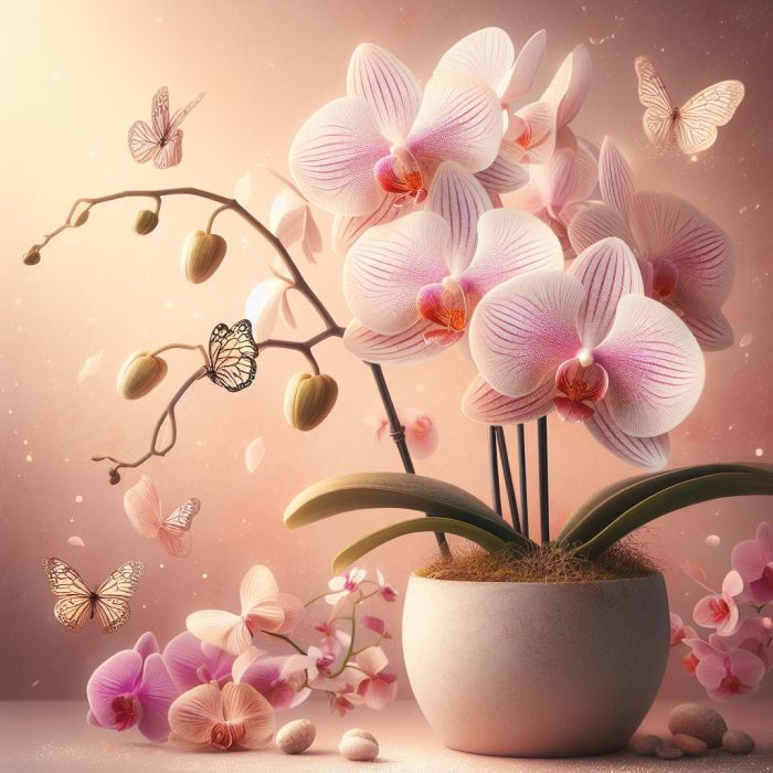 Moth Orchid is in a white pot