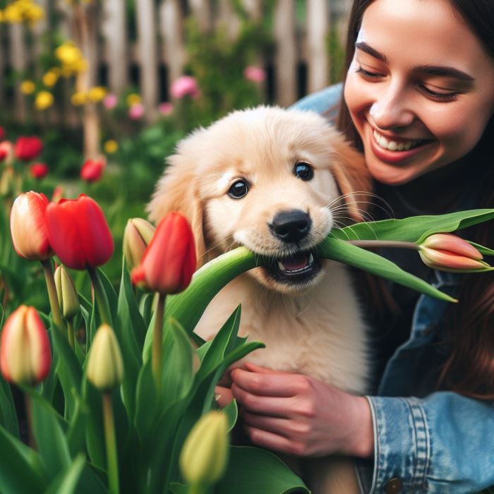 A dog is biting tulip leaf