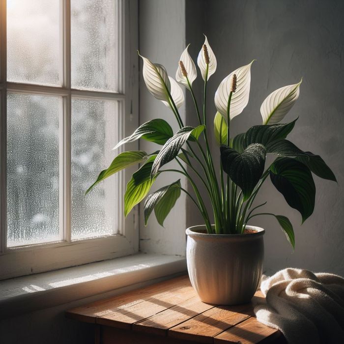 Peace lily is in a white pot on a table near a window