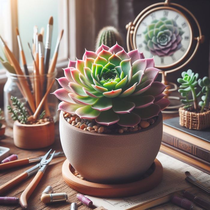 Sempervivum in a white pot on a table