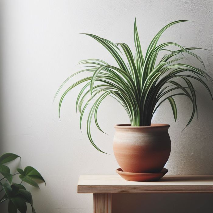 Spider plant is in a clay pot on a wooden table