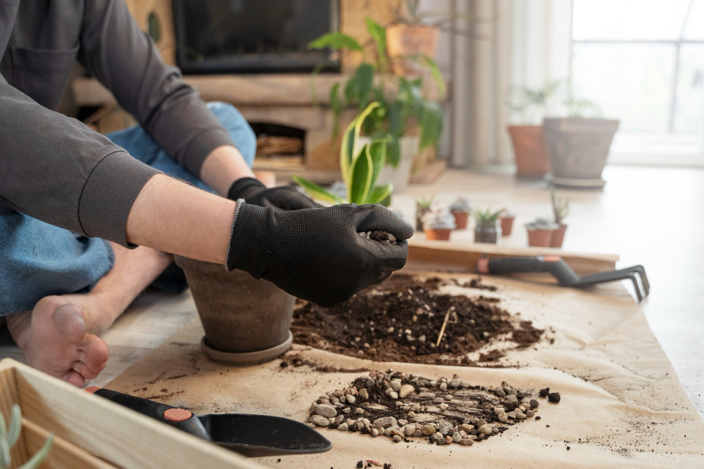 A person wearing gloves fill pot with soil for planting