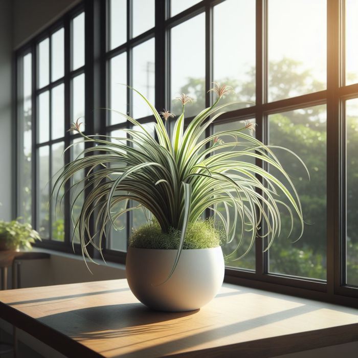 Spider plant in white pot near a glass window