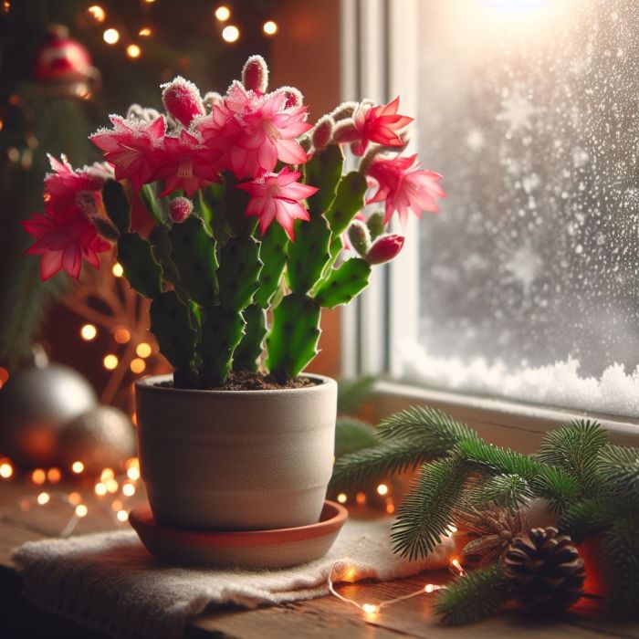 Christmas cactus near a glass window