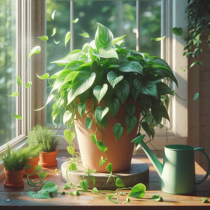 A watering can is beside golden pothos