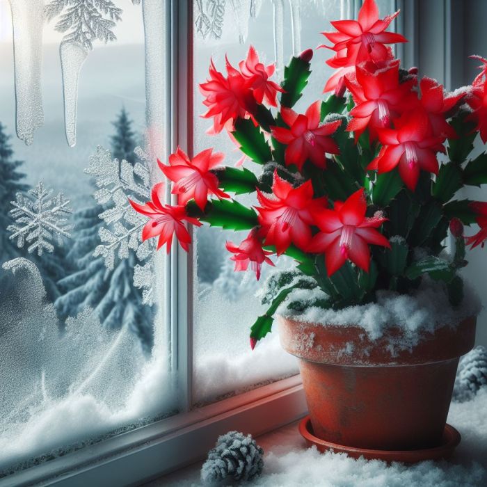 Christmas cactus is near a glass window