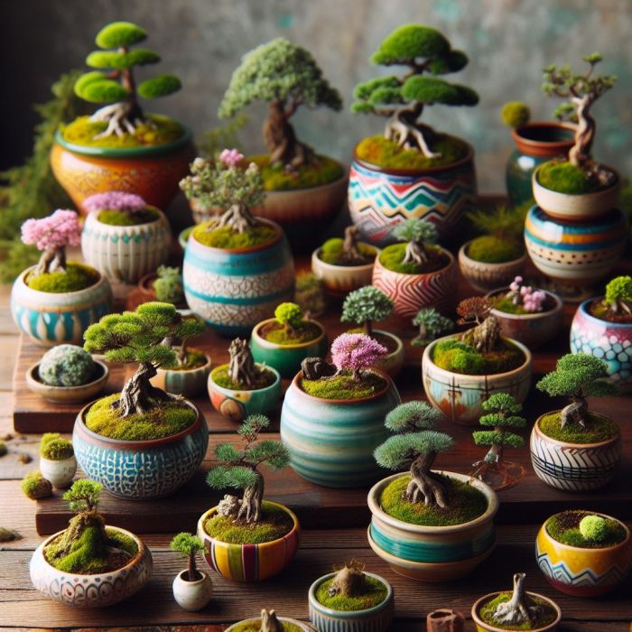 Bonsai plants in colorful pots
