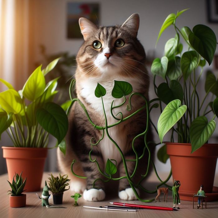 A cat is standing near a pothos plant