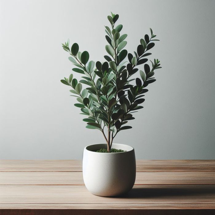 ZZ plant in white pot on a wooden surface