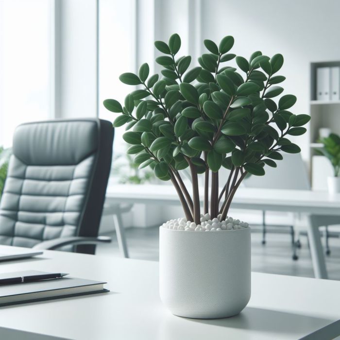 ZZ plant is on a white table near a chair