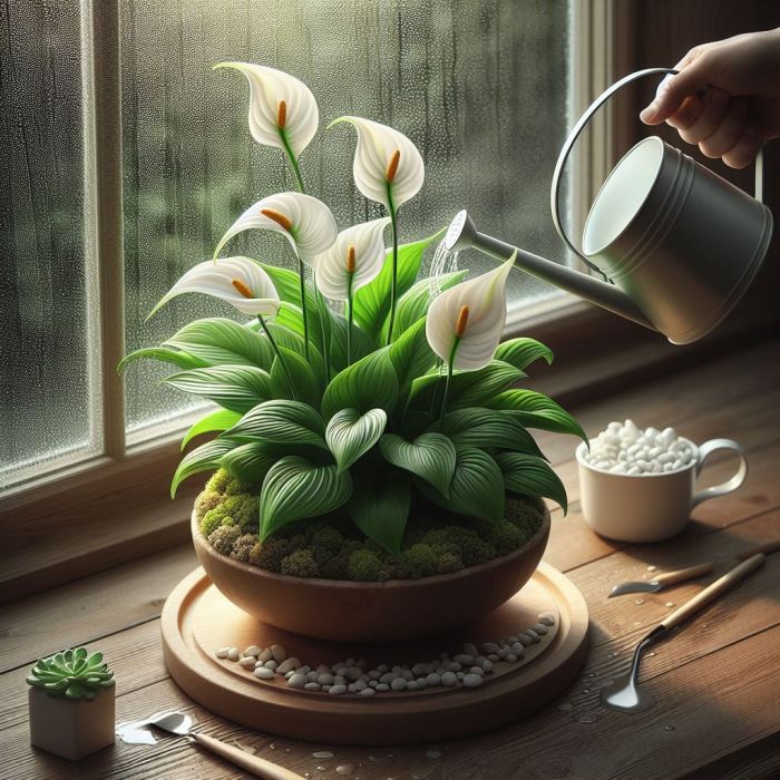 A person is watering peace lily